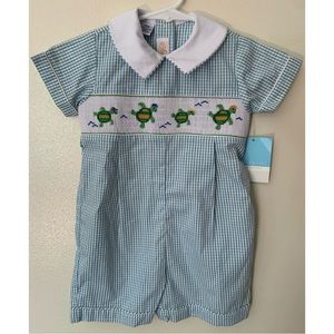 Anavini • 24M • Baby Boy Romper Hand Smocked Turtle